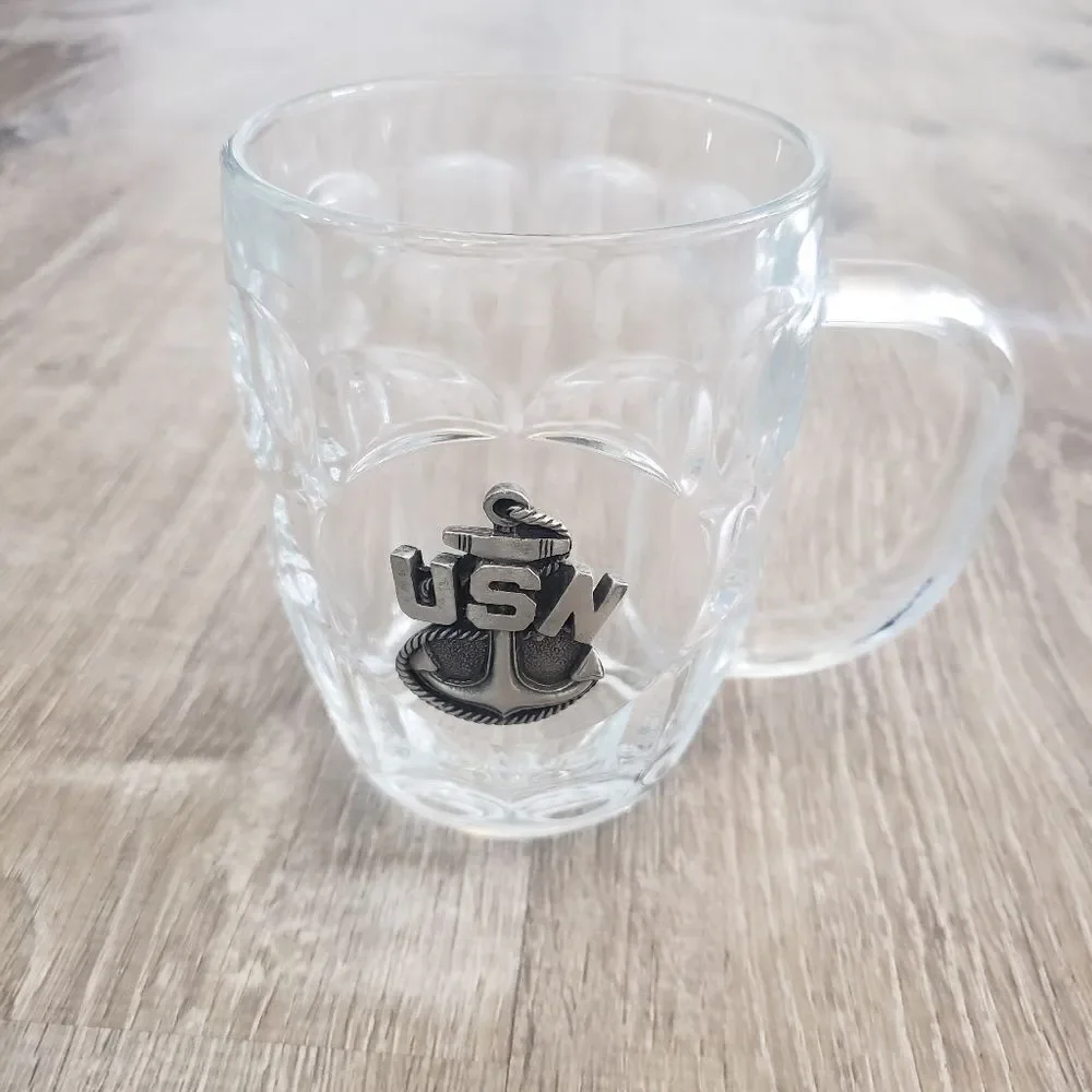 U.S.N. US Navy Pewter‎ Logo on Clear Glass Beer Stein Mug Military Luminarc USA